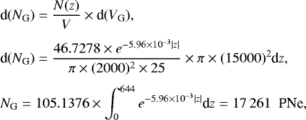 \begin{align*}&\textrm{d}(N_{\textrm{G}}) = \dfrac{N(z)}{V} \times {\textrm{d}}(V_{\textrm{G}}),\\[3pt] &\textrm{d}(N_{\textrm{G}}) = \dfrac{46.7278 \times e^{-5.96\times 10^{-3}{\lvert{z}\rvert}}}{\pi\times(2000)^{2} \times 25} \times \pi \times (15000)^{2} \textrm{d}z,\\[3pt] &N_{\textrm{G}} = 105.1376 \times \int_{0}^{644} e^{-5.96 \times 10^{-3}{\lvert{z}\rvert}} \textrm{d}z = {17\,261} \hspace*{0.2cm} \textrm{PNe},\end{align*}