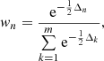 $$ \begin{aligned} { w}_n = \dfrac{\mathrm{e}^{-\frac{1}{2}\Delta _n}}{\sum \limits _{k=1}^{m} \mathrm{e}^{-\frac{1}{2}\Delta _k}}, \end{aligned} $$