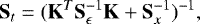 \begin{equation*} \mathbf{S}_t = (\mathbf{K}^T \mathbf{S}_{\epsilon}^{-1} \mathbf{K} + \mathbf{S}_x^{-1})^{-1}, \end{equation*}