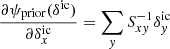 $$ \begin{aligned} \frac{\partial \psi _\mathrm{prior} (\delta ^\mathrm{ic} )}{\partial \delta ^\mathrm{ic} _x} = \sum _{ y} S^{-1}_{x{ y}} \delta ^\mathrm{ic} _{ y} \end{aligned} $$