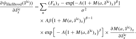 $$ \begin{aligned} \frac{\partial \psi _\mathrm{likelihood} (\delta ^\mathrm{ic} ))}{\partial \delta ^\mathrm{ic} _x} =&\sum _n \frac{(F_n)_x - \exp [-A(1+M(a,\delta ^\mathrm{ic} )_x)^{\beta }]}{\sigma ^2} \nonumber \\&\times A \beta \big (1+M(a,\delta ^\mathrm{ic} )_x\big )^{\beta -1} \\ \nonumber&\times \exp \Big [-A\big (1+M(a,\delta ^\mathrm{ic} )_x\big )^{\beta }\Big ]\times \frac{\partial M(a,\delta ^\mathrm{ic} )_x }{\partial \delta ^\mathrm{ic} _x}\cdot \end{aligned} $$