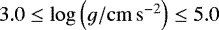 $3.0\leq\log\left(g / \mathrm{cm\,s^{-2}}\right)\leq5.0$