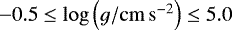 $-0.5\leq\log\left(g / \mathrm{cm\,s^{-2}}\right)\leq5.0$