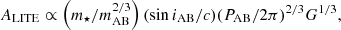 $$ \begin{aligned} A_{\rm LITE}\propto \left(m_\star / m_{\rm AB}^{2/3}\right)(\sin i_{\rm AB}/c)(P_{\rm AB}/2\pi )^{2/3} G^{1/3}, \end{aligned} $$