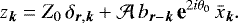 \begin{equation*} z_{\bm k} = Z_0 \, \delta_{{\bm r},{\bm k}} + {\mathcal{A}} \, {{b}}_{{\bm r}-{\bm k}} \, \textbf{e}^{2 i \theta_0} \, {\bar{x}}_{\bm k}. \end{equation*}
