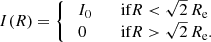 Mathematical equation: $$ \begin{aligned} I(R) = {\left\{ \begin{array}{ll} \;I_0&\quad {\text{if} }R < \sqrt{2}\,R_{\text{e}} \\ \;0&\quad {\text{if} }R>\sqrt{2}\,R_{\text{e}}. \end{array}\right.} \end{aligned} $$
