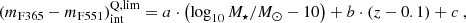 $$ \begin{aligned} (m_{\rm F365}-m_{\rm F551})_\mathrm{int} ^\mathrm{Q,lim} = a \cdot \left(\log _{10} M_\star /M_\odot - 10 \right) + b \cdot (z-0.1) + c\ , \end{aligned} $$