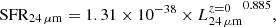 $$ \begin{aligned} \mathrm{SFR}_{24\,\mu \mathrm{m} }=1.31\times 10^{-38} \times {L_{24\,\mu \mathrm{m} }^{z=0}}^{0.885}, \end{aligned} $$