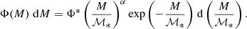 $$ \begin{aligned} \Phi (M)\; \mathrm{d} M = \Phi ^* \left(\frac{M}{\mathcal{M} _*}\right)^\alpha \exp {\left(-\frac{M}{\mathcal{M} _*}\right)}\; \mathrm{d} \left(\frac{M}{\mathcal{M} _*}\right). \end{aligned} $$