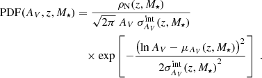 $$ \begin{aligned} \mathrm{PDF} (A_V,z,M_\star )&= \frac{\rho _\mathrm{N} (z,M_\star )}{\sqrt{2 \pi }\ A_V\ \sigma ^\mathrm{int} _{A_V}(z,M_\star )} \nonumber \\&\quad \times \exp \left[-\frac{{\left(\ln A_V-\mu _{A_V}(z,M_\star )\right)}^2}{2{\sigma ^\mathrm{int} _{A_V}(z,M_\star )}^2} \right] \ . \end{aligned} $$