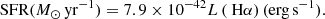 $$ \begin{aligned} \text{ SFR} ({M}_\odot \,\mathrm{yr}^{-1}) = 7.9\times 10^{-42} L\,(\text{ H}\alpha )\,(\mathrm{erg}\,\mathrm{s^{-1}}). \end{aligned} $$