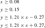 $$ \begin{aligned} x&\ge { } 0.08\nonumber \\ y&\ge { } 0.15\nonumber \\ y&\ge 1.21 \times x -0.27\nonumber \\ y&\le 1.21 \times x +0.27, \end{aligned} $$