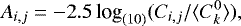 \begin{equation*} A _{i,j} = - 2.5\, \textrm{log}_{(10)} (C_{i,j} / \langle C^{0}_k \rangle),\end{equation*}