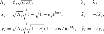 $$ \begin{aligned} \Lambda _j&=\beta _j\sqrt{\mu _ja_j},&\lambda _j&=\lambda _j, \nonumber \\ x_j&=\sqrt{\Lambda _j}\sqrt{1-\sqrt{1-e_j^2}}\mathrm{e}^{i\varpi _j},&\tilde{x}_j&=-i\bar{x}_j, \\ y_j&=\sqrt{\Lambda _j}\sqrt{\sqrt{1-e_j^2}(1-\cos I)}\mathrm{e}^{i\Omega _j},&\tilde{y}_j&=-i\bar{y}_j,\nonumber \end{aligned} $$