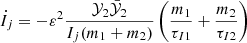 $$ \begin{aligned} \dot{I}_j=-\varepsilon ^2 \frac{ \mathcal{Y} _2 \bar{\mathcal{Y} }_2}{I_j(m_1+m_2)}\left( \frac{m_1}{\tau _{I1}}+\frac{m_2}{\tau _{I2}} \right) \end{aligned} $$