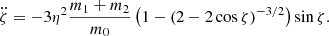 $$ \begin{aligned} \ddot{\zeta }=-3 \eta ^2 \frac{m_1+m_2}{m_0} \left( 1- (2- 2\cos \zeta )^{-3/2} \right) \sin \zeta . \end{aligned} $$