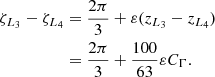 $$ \begin{aligned} \zeta _{L_3}-\zeta _{L_4}&= \frac{2 \pi }{3} + \varepsilon (z_{L_3}- z_{L_4}) \nonumber \\&= \frac{2 \pi }{3}+\frac{100}{63} \varepsilon C_\Gamma . \end{aligned} $$