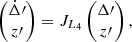 $$ \begin{aligned} \begin{pmatrix} \dot{\Delta }\prime \\ z\prime \end{pmatrix} = J_{L_4} \begin{pmatrix} \Delta \prime \\ z\prime \end{pmatrix} , \end{aligned} $$