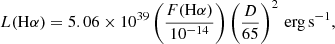 $$ \begin{aligned}&{L(\mathrm{H}\alpha )}= 5.06 \times 10^{39} \left(\frac{F(\mathrm{H}\alpha )}{10^{-14}}\right) \left(\frac{D}{65}\right)^{2}\,\mathrm{erg\,s^{-1}}, \end{aligned} $$