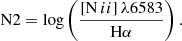 $$ \begin{aligned} \mathrm{N2}=\log \left(\frac{{[\mathrm{N}\,ii ]}\,\lambda 6583}{\mathrm{H\alpha }}\right). \end{aligned} $$
