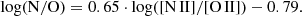 $$ \begin{aligned} \log ({\rm{N/O}}) = 0.65 \cdot \log ([{\rm{N}}\,{\rm{II}}]/[{\rm{O}}\,{\rm{II}}]) - 0.79. \end{aligned} $$