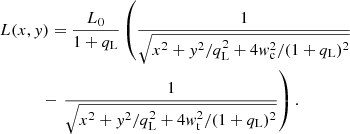 $$ \begin{aligned}&L(x,{ y}) = \frac{L_0}{1+q_\mathrm{L} } \left( \frac{1}{\sqrt{x^2 + { y}^2 / q_\mathrm{L} ^2 + 4 { w}_\mathrm{c} ^2 / (1+q_\mathrm{L} )^2}} \right. \nonumber \\&\qquad \quad \,- \left. \frac{1}{\sqrt{x^2 + { y}^2 / q_\mathrm{L} ^2 + 4 { w}_\mathrm{t} ^2 / (1+q_\mathrm{L} )^2}} \right). \end{aligned} $$