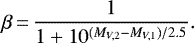 \begin{equation*} \beta\,{=}\,\frac{1}{1+10^{(M_{V,2}-M_{V,1})/2.5}} .\end{equation*}