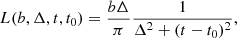 $$ \begin{aligned}&L(b,\Delta ,t,t_{\rm 0}) = \frac{b \Delta }{\pi } \frac{1}{\Delta ^2 + (t - t_{\rm 0})^2}, \end{aligned} $$