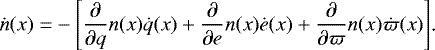 \begin{align*}\dot{n}(x)=&-\left[\frac{\partial}{\partial q}n(x)\dot{q}(x)+\frac{\partial}{\partial e}n(x)\dot{e}(x)+\frac{\partial}{\partial \varpi}n(x)\dot{\varpi}(x)\right]\!\text{.} \end{align*}
