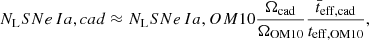 $$ \begin{aligned} N_\mathrm LSNe\,Ia, cad \approx N_\mathrm LSNe\,Ia, OM10 \frac{\Omega _\mathrm{cad} }{\Omega _\mathrm{OM10} } \frac{\bar{t}_\mathrm{eff,cad} }{t_\mathrm{eff, OM10} }, \end{aligned} $$