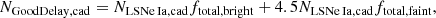 $$ \begin{aligned} N_{\mathrm{GoodDelay,cad}} = N_{\mathrm{LSNe\,Ia,cad}} f_{\mathrm{total,bright}} + 4.5 N_{\mathrm{LSNe\,Ia,cad}} f_{\mathrm{total,faint}}, \end{aligned} $$