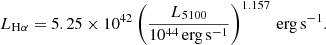 $$ \begin{aligned}&L_{\rm H\alpha }=5.25 \times 10^{42} \left(\frac{L_{5100}}{10^{44}\,\mathrm{erg\,s}^{-1}}\right)^{1.157}\,\mathrm{erg\,s}^{-1} . \end{aligned} $$