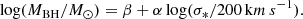 $$ \begin{aligned} \log (M_{\mathrm{BH}} / M_{\odot }) = \beta + \alpha \log (\sigma _{*} / 200\,\mathrm km\,s^{-1} ) . \end{aligned} $$