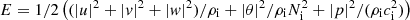 $ E = 1/2 \left( (|u|^2 + |v|^2 + |w|^2)/\rho_{\rm i} + |\theta|^2/\rho_{\rm i} N^2_{\rm i} + |p|^2/(\rho_{\rm i} c_{\rm i}^2) \right) $
