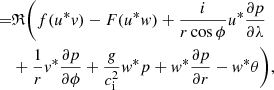 $$ \begin{aligned}[1] =&\mathfrak{R} \bigg (f(u^*v ) - F(u^*w) + \dfrac{{i}}{r\cos \phi }u^* \dfrac{\partial p}{\partial \lambda } \nonumber \\&+ \dfrac{1}{r} v^* \dfrac{\partial p}{\partial \phi } + \dfrac{g}{c_{\rm i}^2} w^* p + w^* \dfrac{\partial p}{\partial r} - w^* \theta \bigg ),\end{aligned} $$