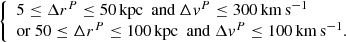 $$ \begin{aligned} {\left\{ \begin{array}{ll} 5 \le \Delta r^P \le 50\, \mathrm{kpc} \ \text{ and} \ \Delta v^P \le 300\,\mathrm{km}\,\mathrm{s}^{-1} \\ \mathrm{or} \ 50 \le \Delta r^P \le 100\,\mathrm{kpc} \ \text{ and} \ \Delta v^P \le 100\,\mathrm{km}\,\mathrm{s}^{-1}.\\ \end{array}\right.} \end{aligned} $$