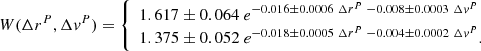 $$ \begin{aligned} W(\Delta r^P , \Delta v^P)= {\left\{ \begin{array}{ll} 1.617\pm 0.064 \ e^{-0.016\pm 0.0006 \ \Delta r^P \ -0.008\pm 0.0003 \ \Delta v^P} \\ 1.375\pm 0.052 \ e^{-0.018\pm 0.0005 \ \Delta r^P \ -0.004\pm 0.0002 \ \Delta v^P}. \end{array}\right.} \end{aligned} $$