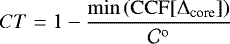 \begin{equation*} CT = 1 - \frac{\mathrm{min} \left(\mathrm{CCF} [\Delta_{\textrm{core}}] \right) }{\mathcal{C}^{\textrm{o}}} \end{equation*}