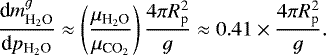 \begin{equation*} \frac{\textrm{d}m_{\textrm{H}_2\textrm{O}}^g}{\textrm{d}p_{\textrm{H}_2\textrm{O}}} \approx \left( \frac{\mu_{\textrm{H}_2\textrm{O}}}{\mu_{\textrm{CO}_2}} \right) \frac{4 \pi R_{\textrm{p}}^2}{g} \approx 0.41 \times \frac{4 \pi R_{\textrm{p}}^2}{g}. \end{equation*}
