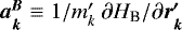 $\vec{a_k^B} \equiv 1/m'_k~\partial H_{\textrm{B}} / \partial \vec{r'_k}$