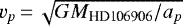 $v_p\,{=}\, \sqrt{{GM_{\text{HD106906}}}/{a_p}}$