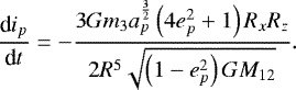 \begin{equation*} \frac{\textrm{d}i_p}{\textrm{d}t} = -\frac{3 G m_3 a_p^{\frac{3}{2}} \left(4 e_p^2+1\right) R_x R_z}{2 R^5 \sqrt{\left(1-e_p^2\right) G M_{12}}}. \end{equation*}