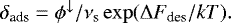 \begin{equation*} \delta_{\textrm{ads}} = \phi^{\downarrow}/\nu_{\textrm{s}} \exp(\Delta F_{\textrm{des}}/kT) .\end{equation*}