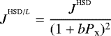 \begin{equation*} J^{^{\textrm{HSD}/L}} = \frac{J^{^{\textrm{HSD}}}}{(1+b P_{\textrm{x}}){}^2} \end{equation*}