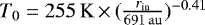 $T_0 = 255\,\mathrm{K} \,{\times}\, (\frac{r_{\textrm{in}}}{691\,\mathrm{au}}){}^{-0.41}$