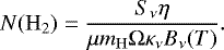 \begin{equation*} N(\mathrm{H}_2) = \frac{S_{\nu} \eta }{\mu m_{\mathrm{H}} \Omega \kappa_{\nu} B_{\nu}(T)}.\end{equation*}