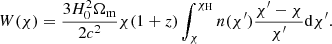 $$ \begin{aligned} W(\chi ) = \frac{3 H_0^2 \Omega _{\rm m}}{2 c^2}\chi (1+z)\int _{\chi }^{\chi _{\rm H}}n(\chi ^{\prime })\frac{\chi ^{\prime } - \chi }{\chi ^{\prime }}\mathrm{d}\chi ^{\prime }. \end{aligned} $$