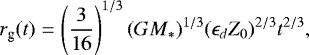 \begin{equation*} r_{\textrm{g}}(t) = \left(\frac{3}{16}\right)^{1/3}(GM_*)^{1/3}(\epsilon_dZ_{0})^{2/3}t^{2/3}, \end{equation*}