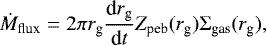 \begin{equation*}\dot{M}_{\textrm{flux}} = 2\pi r_{\textrm{g}}\dfrac{\textrm{d}r_{\textrm{g}}}{\textrm{d}t}Z_{\textrm{peb}}(r_{\textrm{g}})\Sigma_{\textrm{gas}}(r_{\textrm{g}}), \end{equation*}