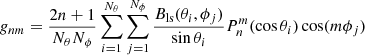 $$ \begin{aligned}&g_{nm} = \frac{2n+1}{N_\theta N_\phi } \sum \limits _{i=1}^{N_\theta } \sum \limits _{j=1}^{N_\phi } \frac{B_{\rm ls}(\theta _i, \phi _j)}{\sin \theta _i} P_n^m(\cos \theta _i) \cos (m\phi _j) \end{aligned} $$